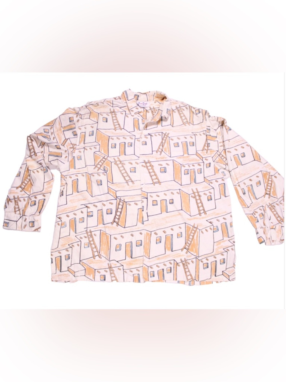 Fred Segal button up shirt rayon adobe print sz 2XL mens beige tan